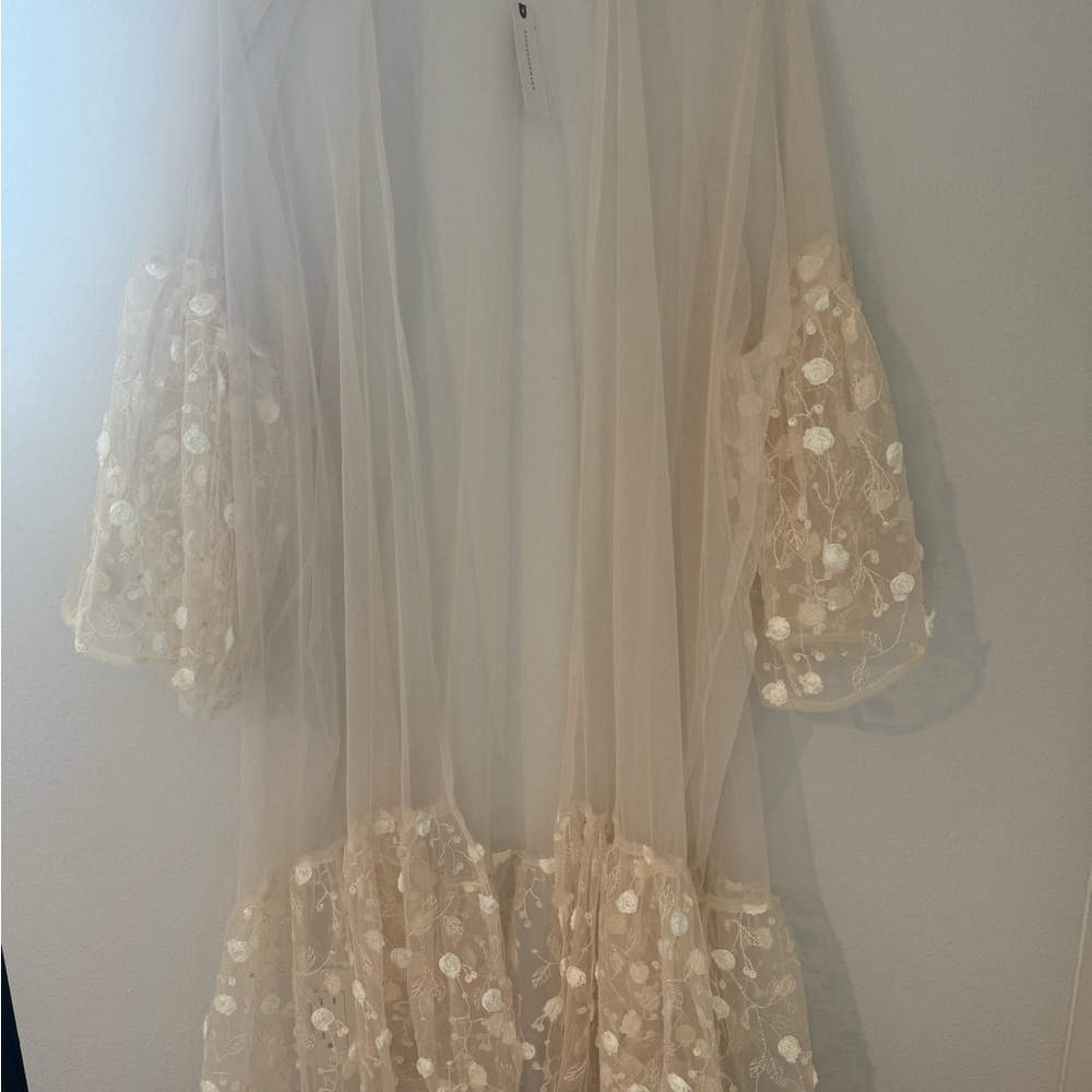 Anthropologie Sheer Cream Embroidered Kimono